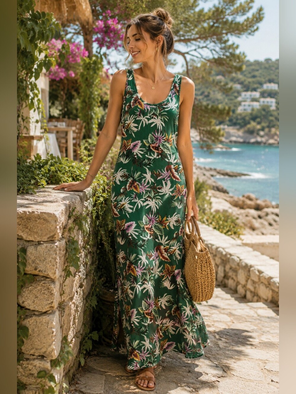 Tropical Green Sleeveless Maxi Dress